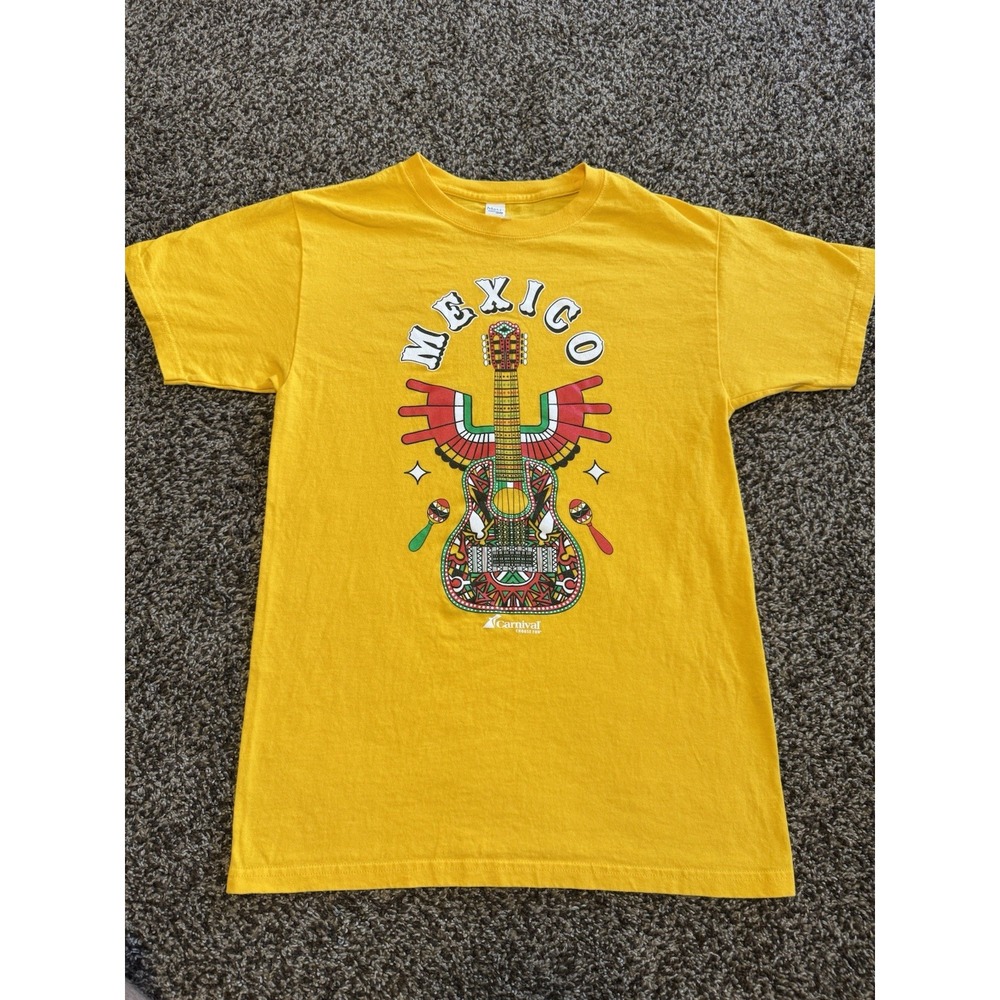 Carnival Cruise Line Mexico Graphic Tee Mens S Yellow Cotton Aztec Guitar Shirt